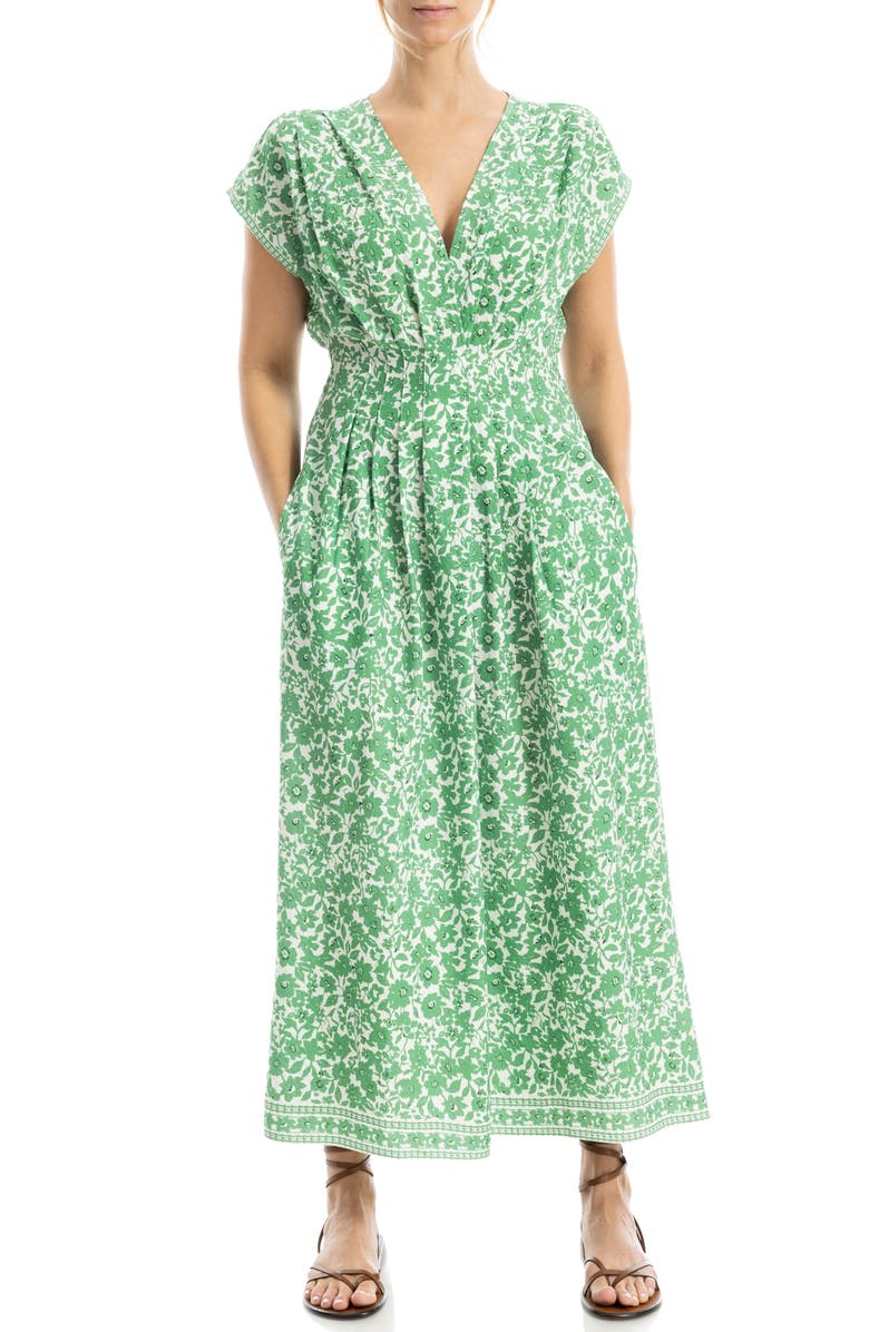 MAX STUDIO Cap Sleeve Tucked Waist Maxi Dress, Alternate, color, Cream/ Leaf