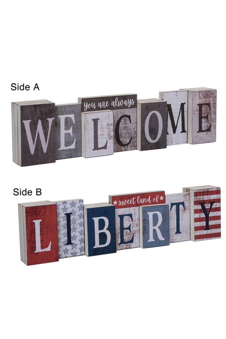 16.5 Inch Multicolor Spring Reversible Block Decor with Decorative Letters and Words in Wood, Alternate, color, Brown