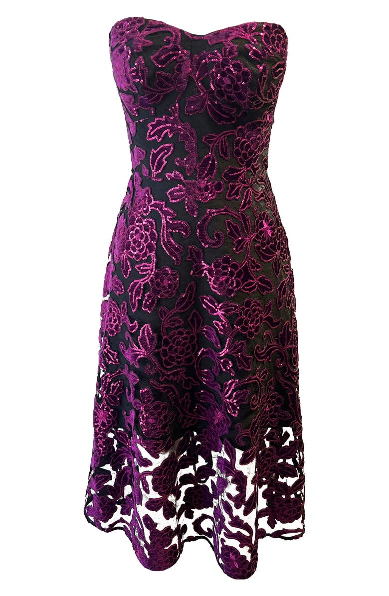 Dress the Population Sadie Floral Sequin Strapless A-Line Dress, Alternate, color, Midnight Plum-Black
