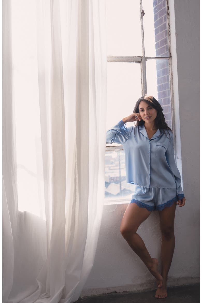 Felicity Lace Trim Long Sleeve Satin Shorts Pajamas, Alternate, color, CHAMBRAY