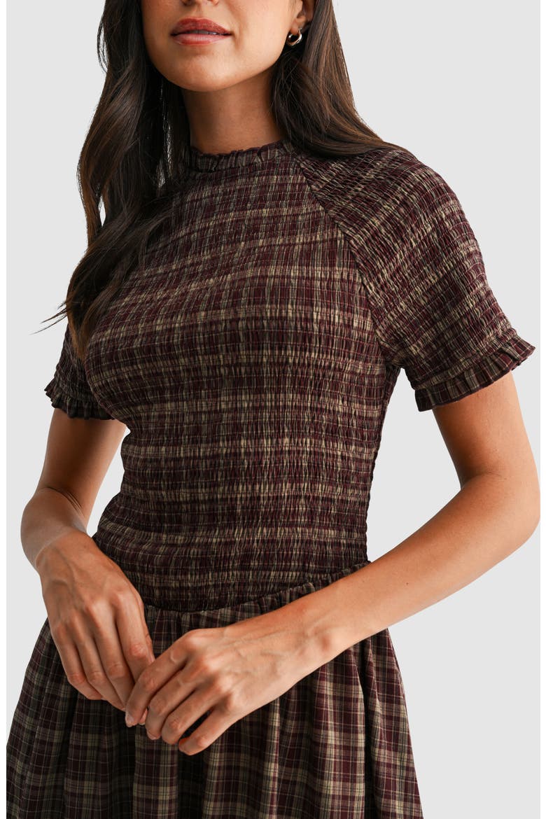 Smocked Fit & Flare Minidress, Alternate, color, TAUPE BURGUNDY PLAID
