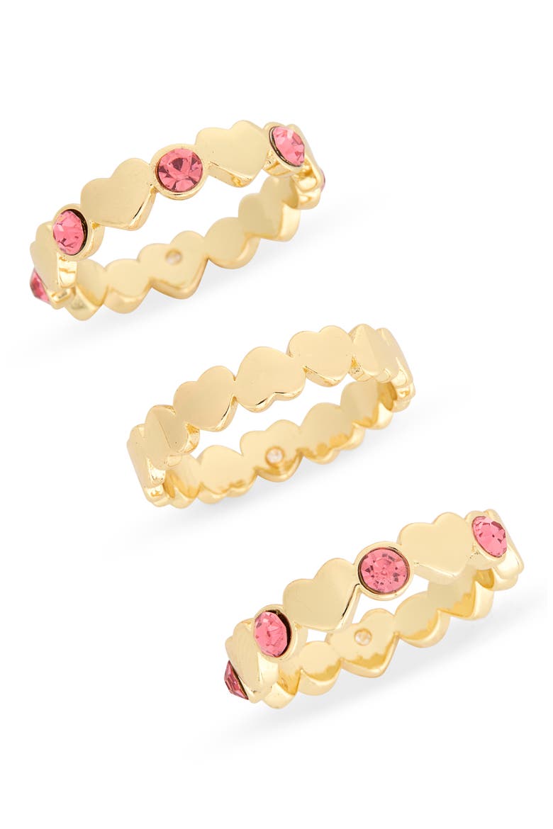 Pack of 3 Heart Cubic Zirconia Stacking Rings, Main, color, PINK / GOLD