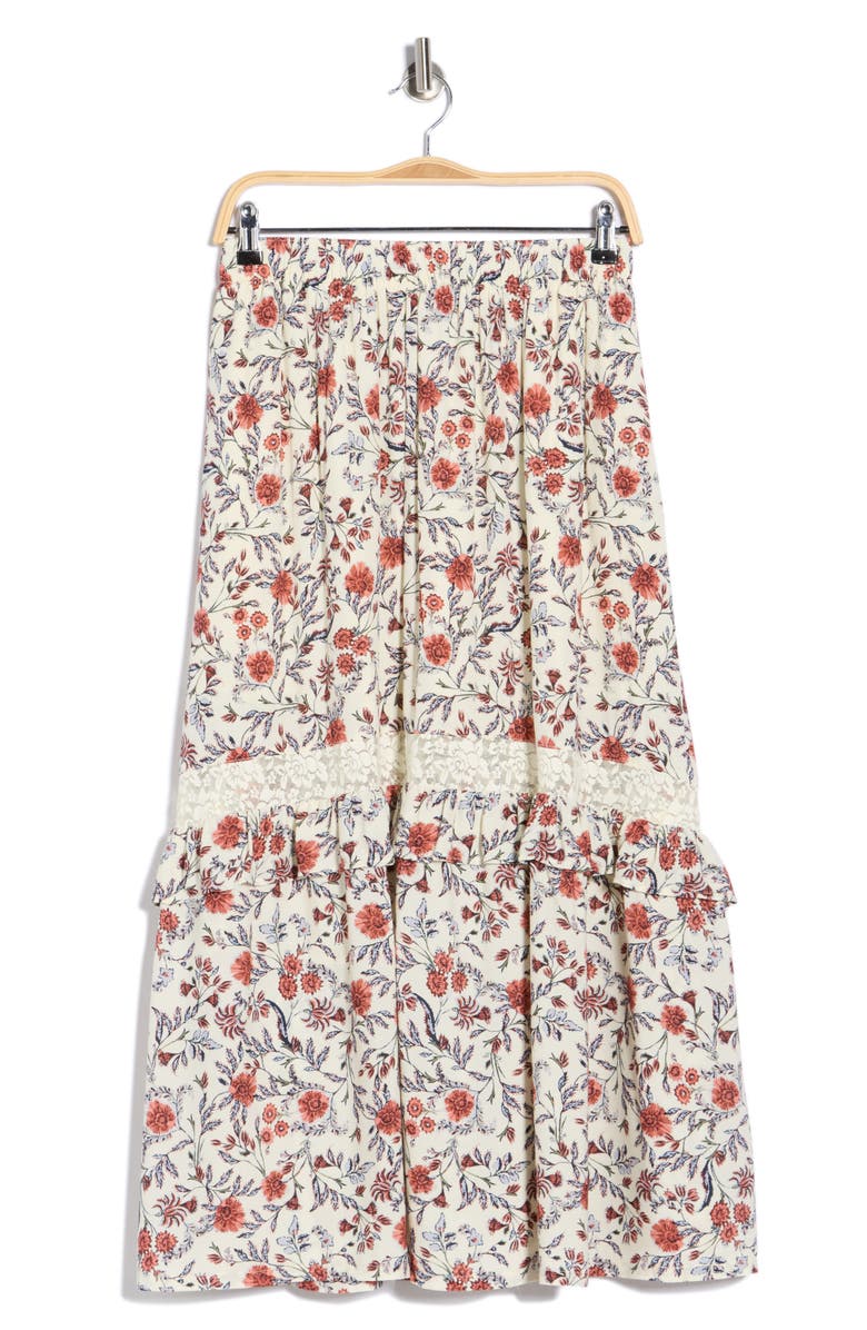 Melrose and Market Ruffle Lace Inset Maxi Skirt, Main, color, Ivory- Pink Fleurette