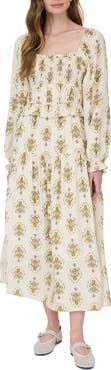 AUGUST SKY Smocked Long Sleeve Midi Dress