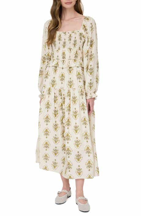 Smocked Long Sleeve Midi Dress
