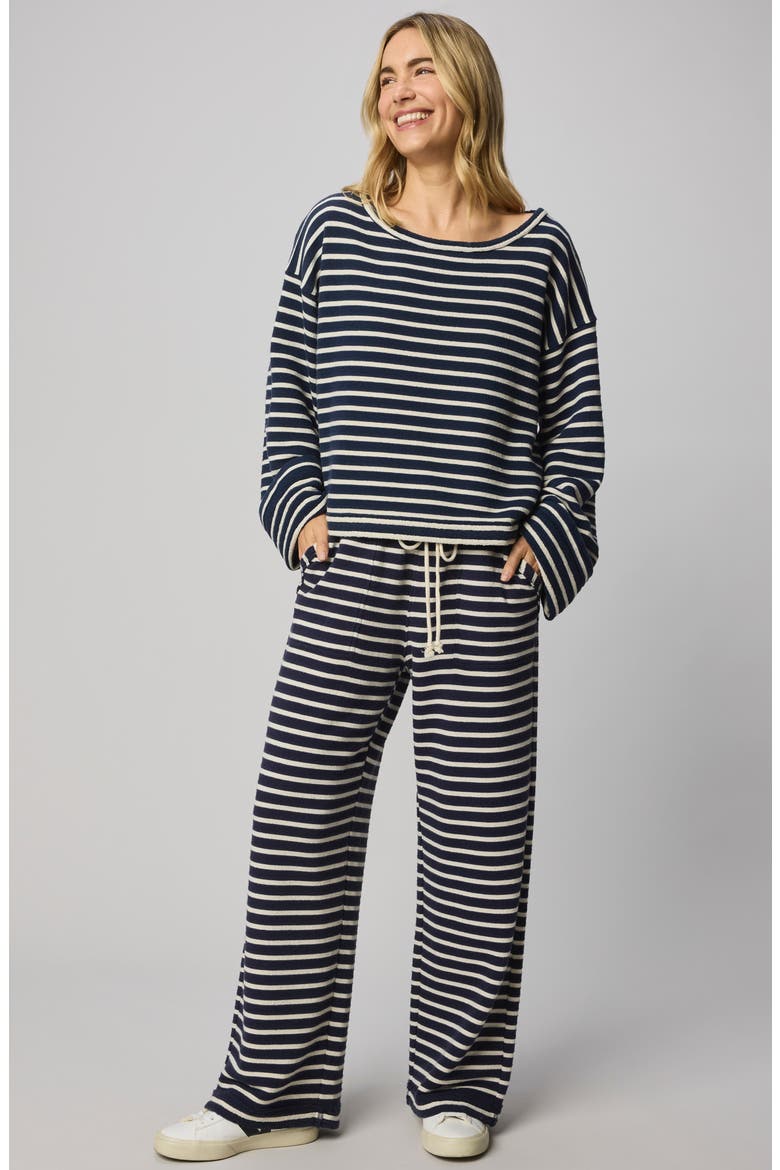 Livie Stripe Tie Waist Wide Leg Terry Pants, Alternate, color, NAVY BLUE/ MOONSTONE