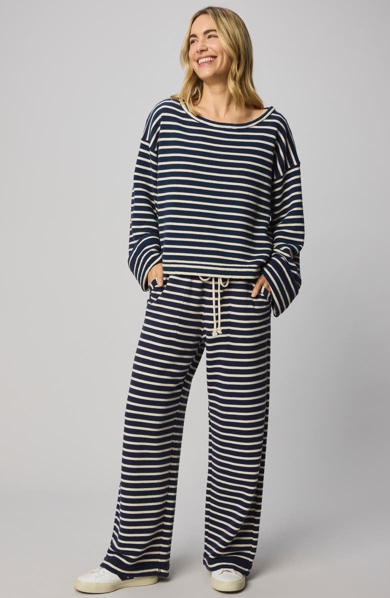 Splendid Livie Stripe Tie Waist Wide Leg Terry Pants, Alternate, color, Navy Blue/ Moonstone