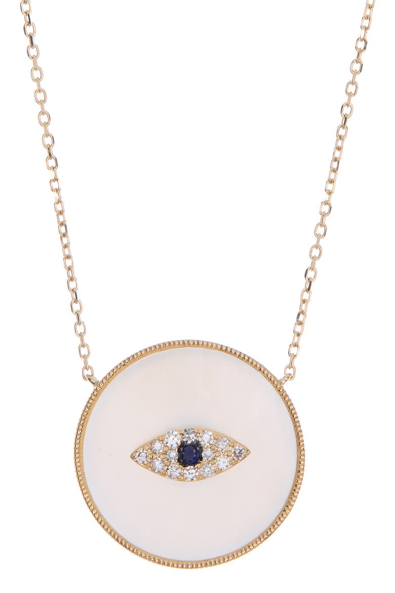 14K Gold Mother-of-Pearl, Sapphire, & Diamond Round Evil Eye Pendant Necklace - 0.05 ctw, Main, color, WHITE