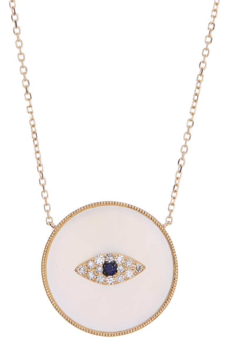 EFFY 14K Gold Mother-of-Pearl, Sapphire, & Diamond Round Evil Eye Pendant Necklace - 0.05 ctw, Main, color, 