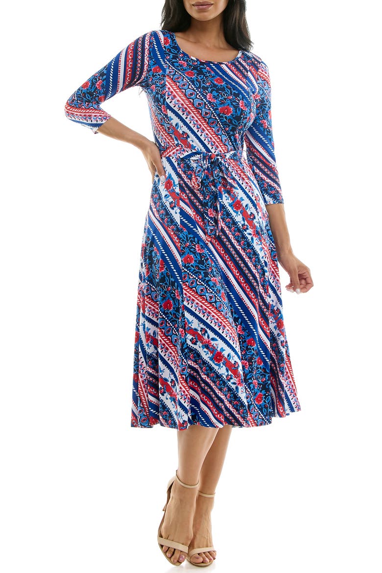 Floral Stripe Three-Quarter Sleeve A-Line Dress, Main, color, RED BLUE MULTI
