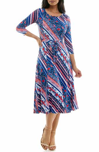 Nina Leonard Floral Stripe Three-Quarter Sleeve A-Line Dress