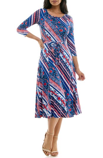 Nina Leonard Floral Stripe Three-quarter Sleeve A-line Dress In Red Blue Multi