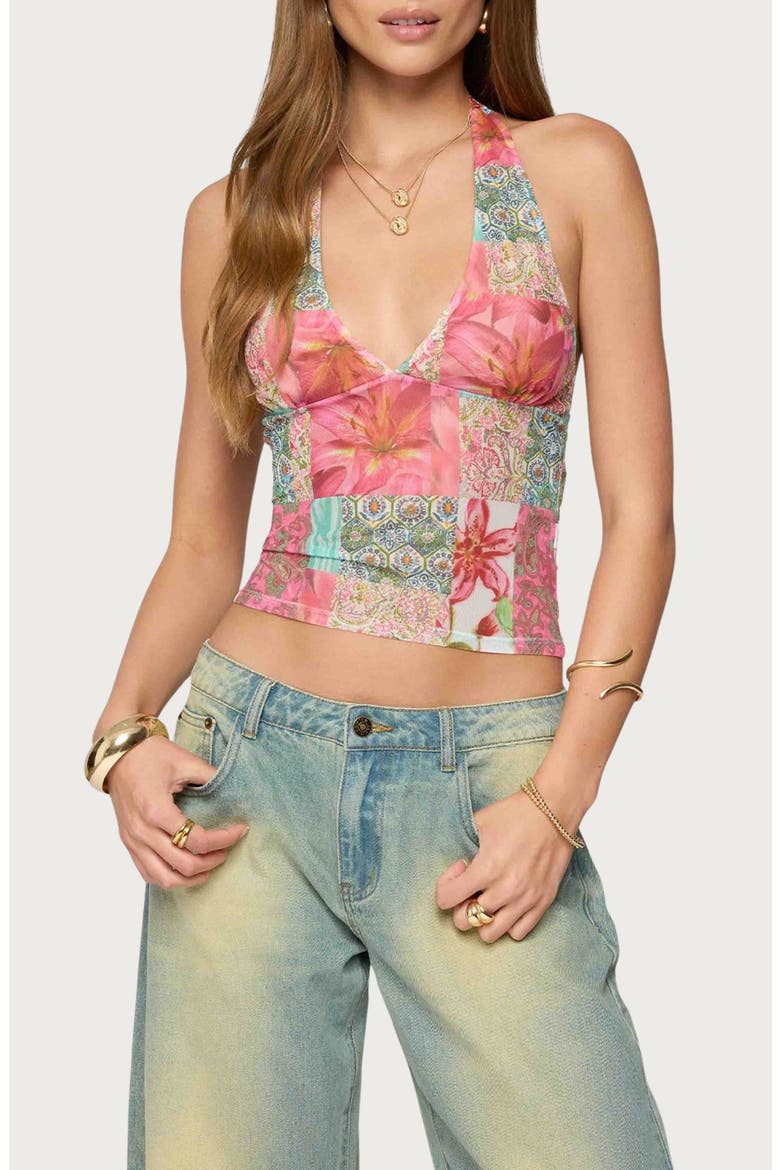 Catie Patchwork Mesh Halter Top, Main, color, PINK MIX