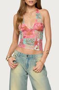 EDIKTED Catie Patchwork Mesh Halter Top