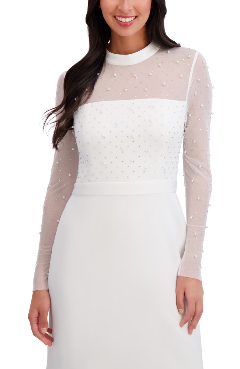 London Times Long Sleeve Faux Pearl Illusion Midi Dress, Alternate, color, Ivory