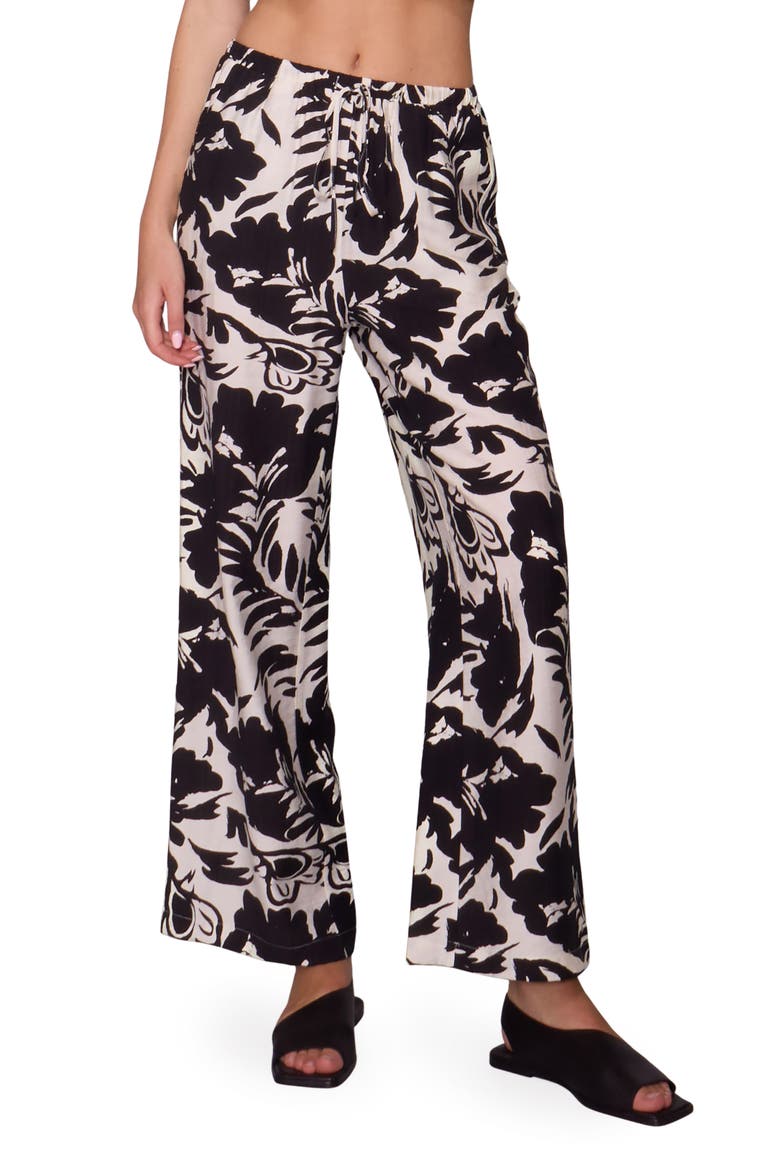 Floral Print Ankle Pants, Main, color, WHITE BLACK LEAF