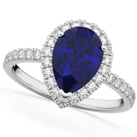 Pear Halo Blue Sapphire & Diamond Engagement Ring 14K