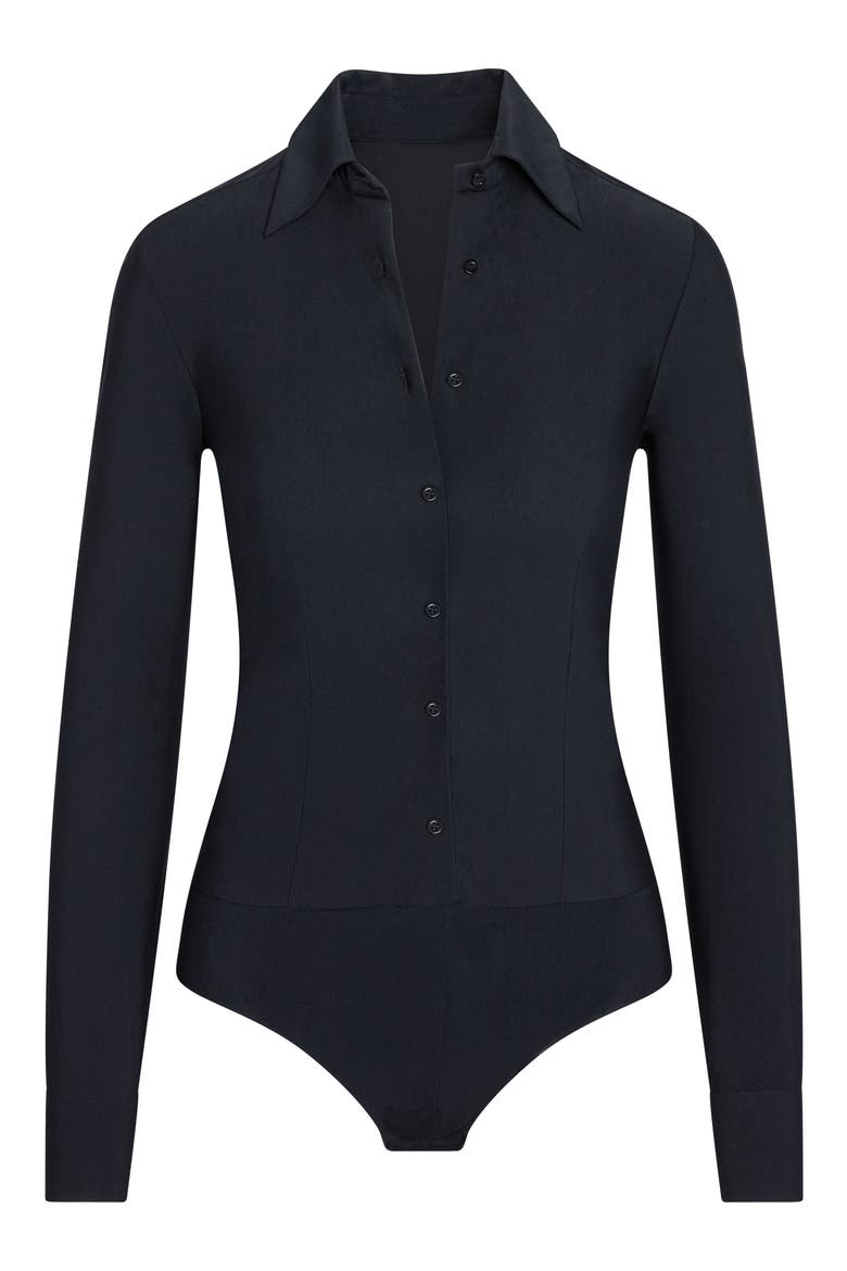 Classic Long Sleeve Button-Down Thong Bodysuit, Alternate, color, BLACK