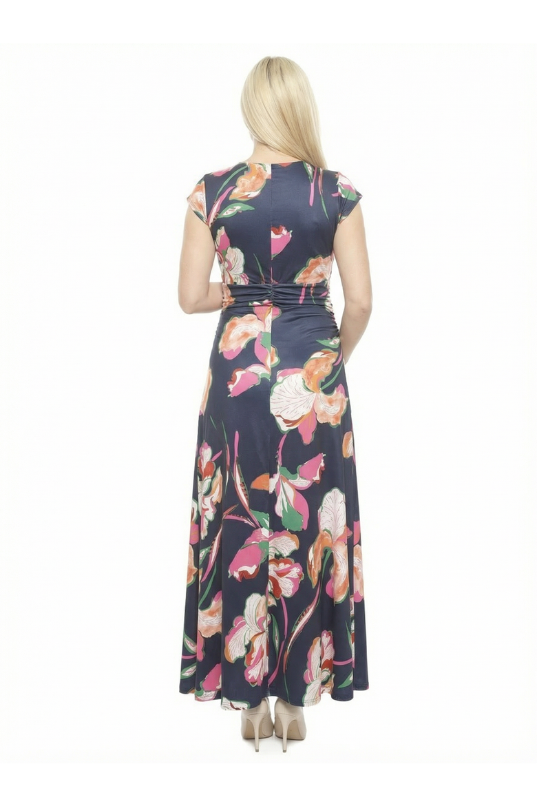 Maternity Floral V-Neck Cap Sleeve Ruched Front Maxi Dress, Alternate, color, Navy Multi