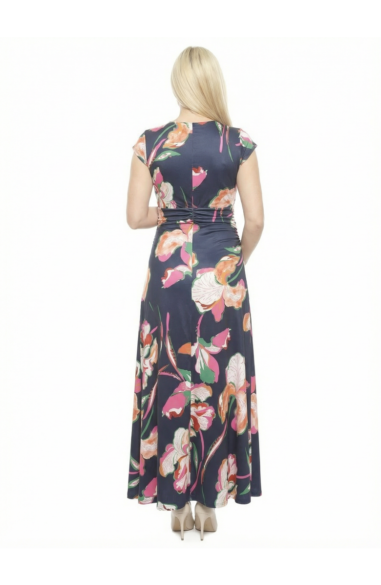 24seven Comfort Apparel Maternity Floral V-Neck Cap Sleeve Ruched Front Maxi Dress, Alternate, color, Navy Multi