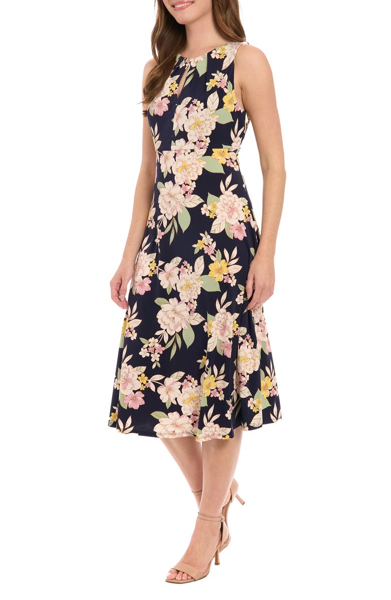 London Times Floral Keyhole Sleeveless Midi Dress, Alternate, color,