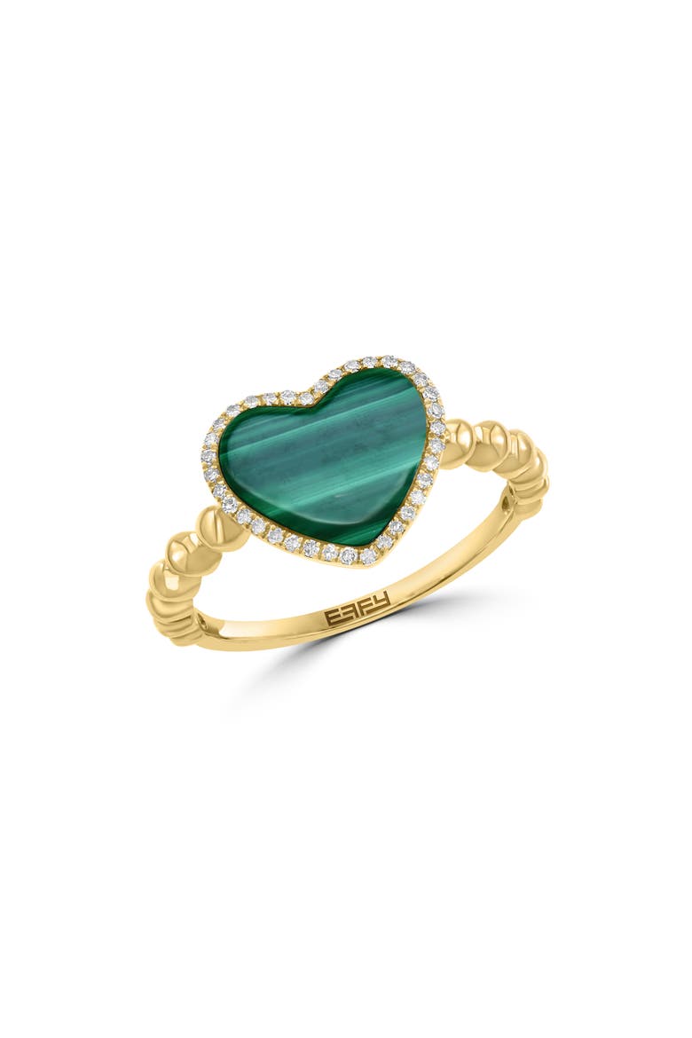 14K Yellow Gold, Malachite & Diamond Heart Ring - 0.26 ctw, Main, color, GREEN