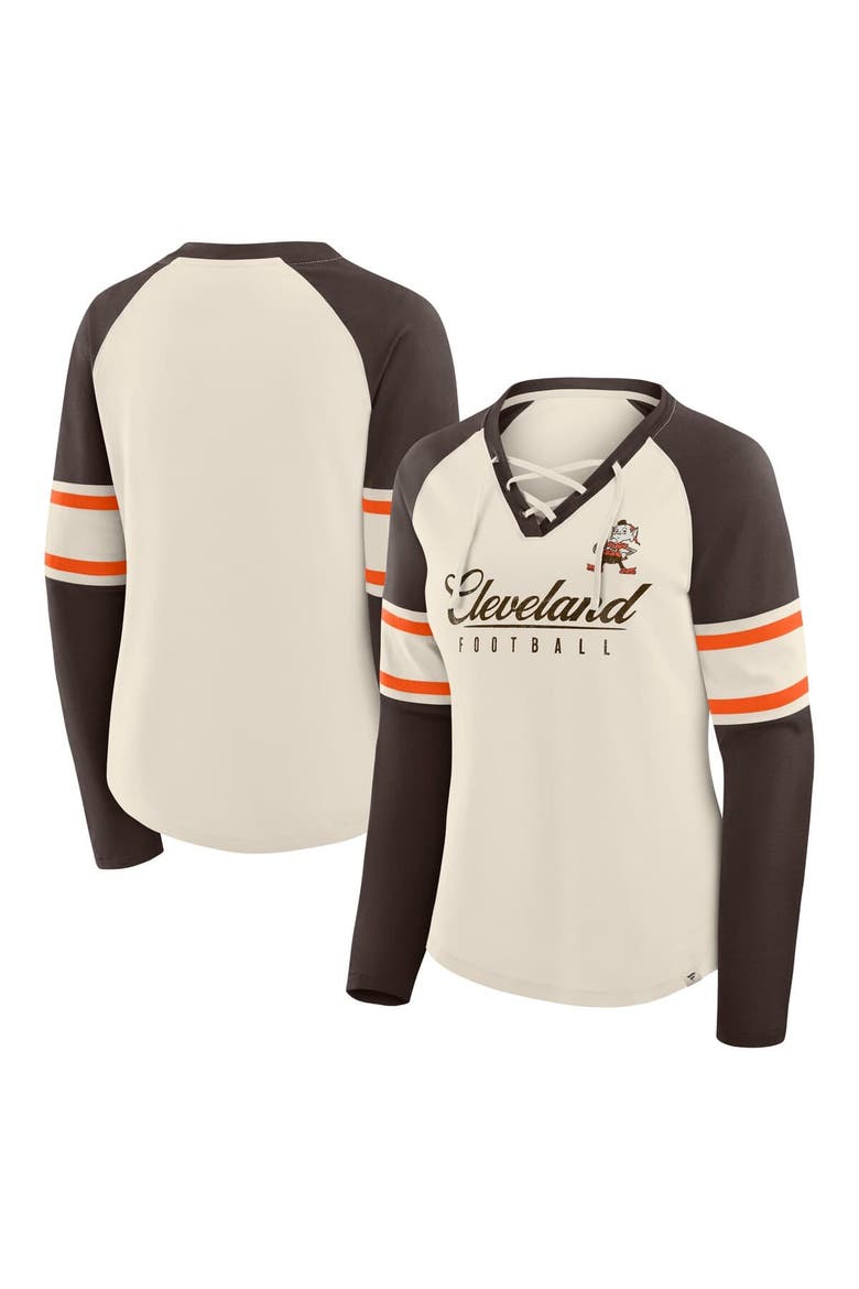 Women's Fanatics Cream/Brown Cleveland Browns Hometown Gridiron Hero Raglan Lace-Up V-Neck Long Sleeve T-Shirt, Main, color, Cream