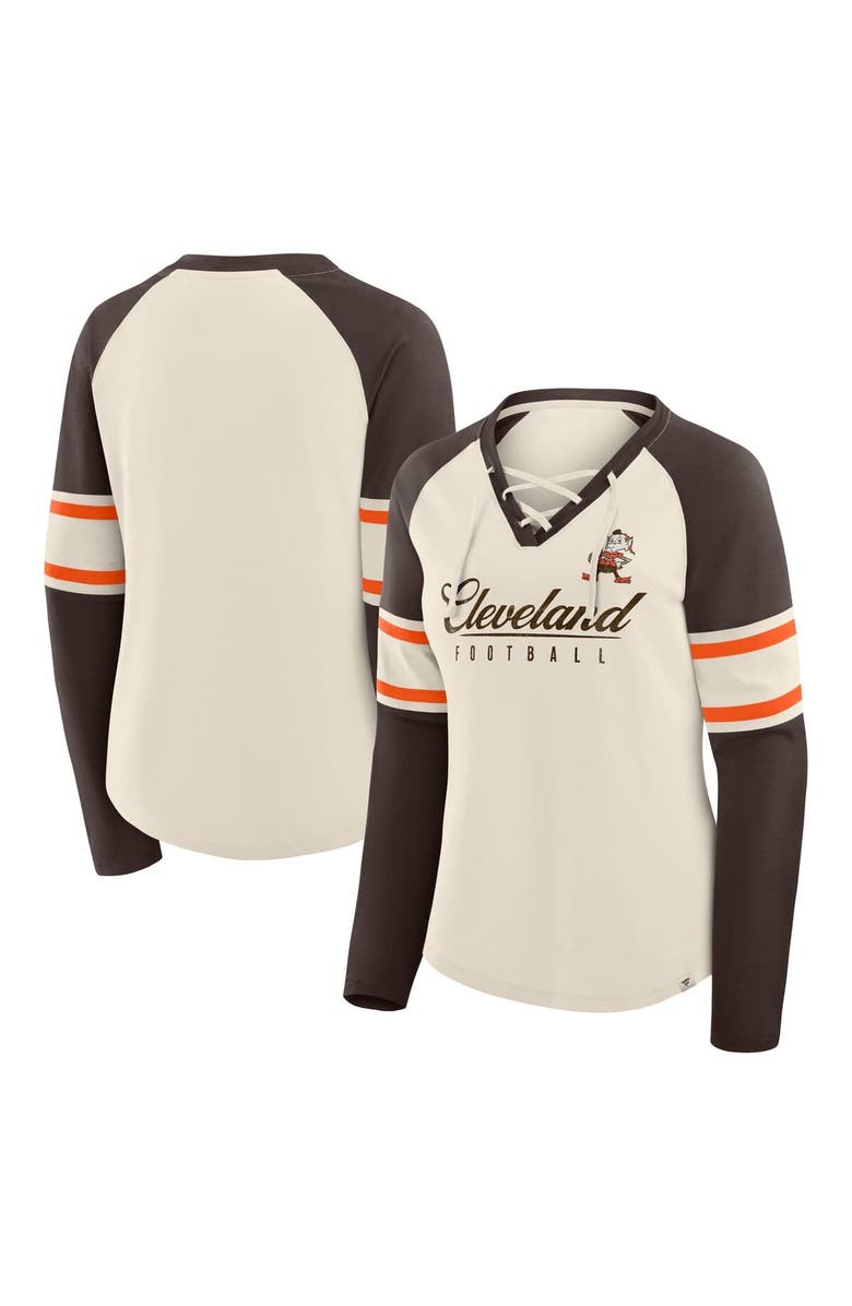 FANATICS Women's Fanatics Cream/Brown Cleveland Browns Hometown Gridiron Hero Raglan Lace-Up V-Neck Long Sleeve T-Shirt, Main, color, Cream