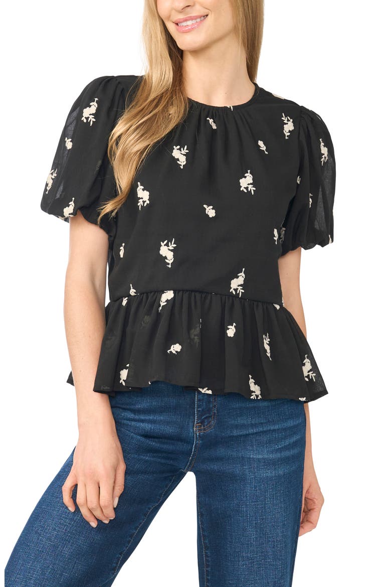Puff Sleeve Ruffle Hem Top, Main, color, RICH BLACK