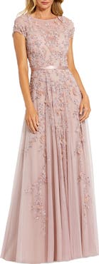 Mac Duggal Floral Embellished Short Sleeve Mesh Gown