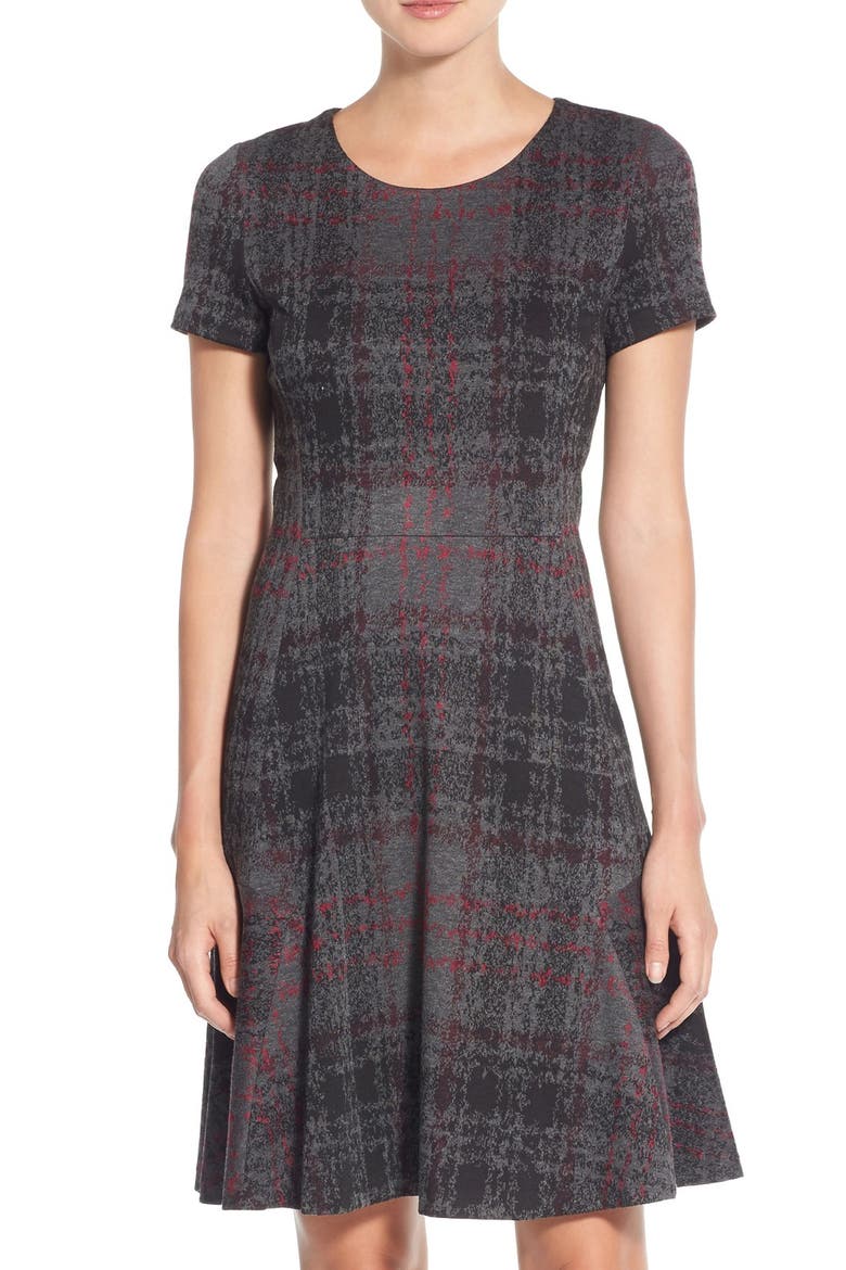 Print Ponte Fit & Flare Dress, Main, color, BLACK/ GREY/ PINK