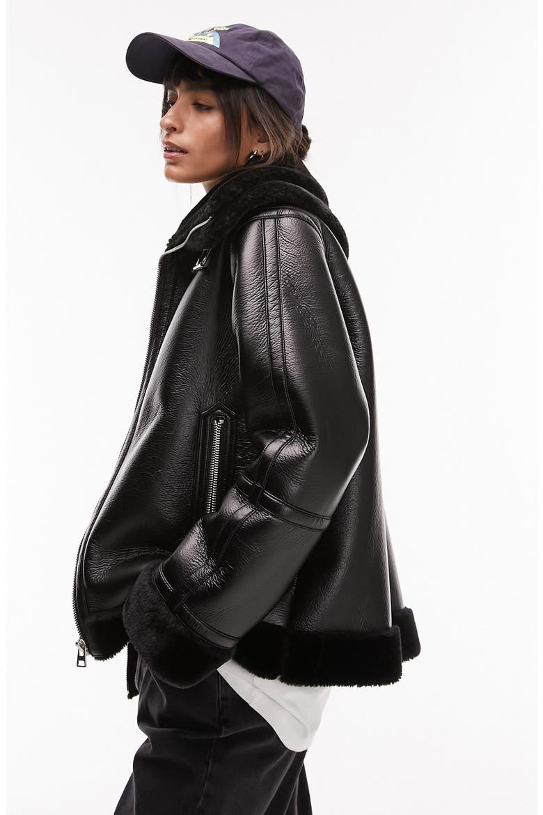 Faux Leather Aviator Jacket with Faux Fur Trim, Alternate, color, BLACK