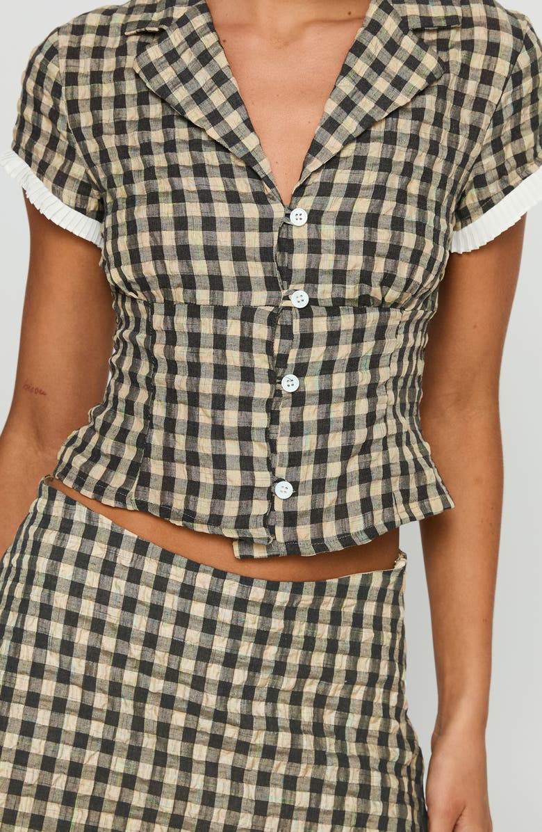 Princess Polly Rhom Check Cotton Crop Button-Up Shirt & Miniskirt Set, Alternate, color, Brown Check