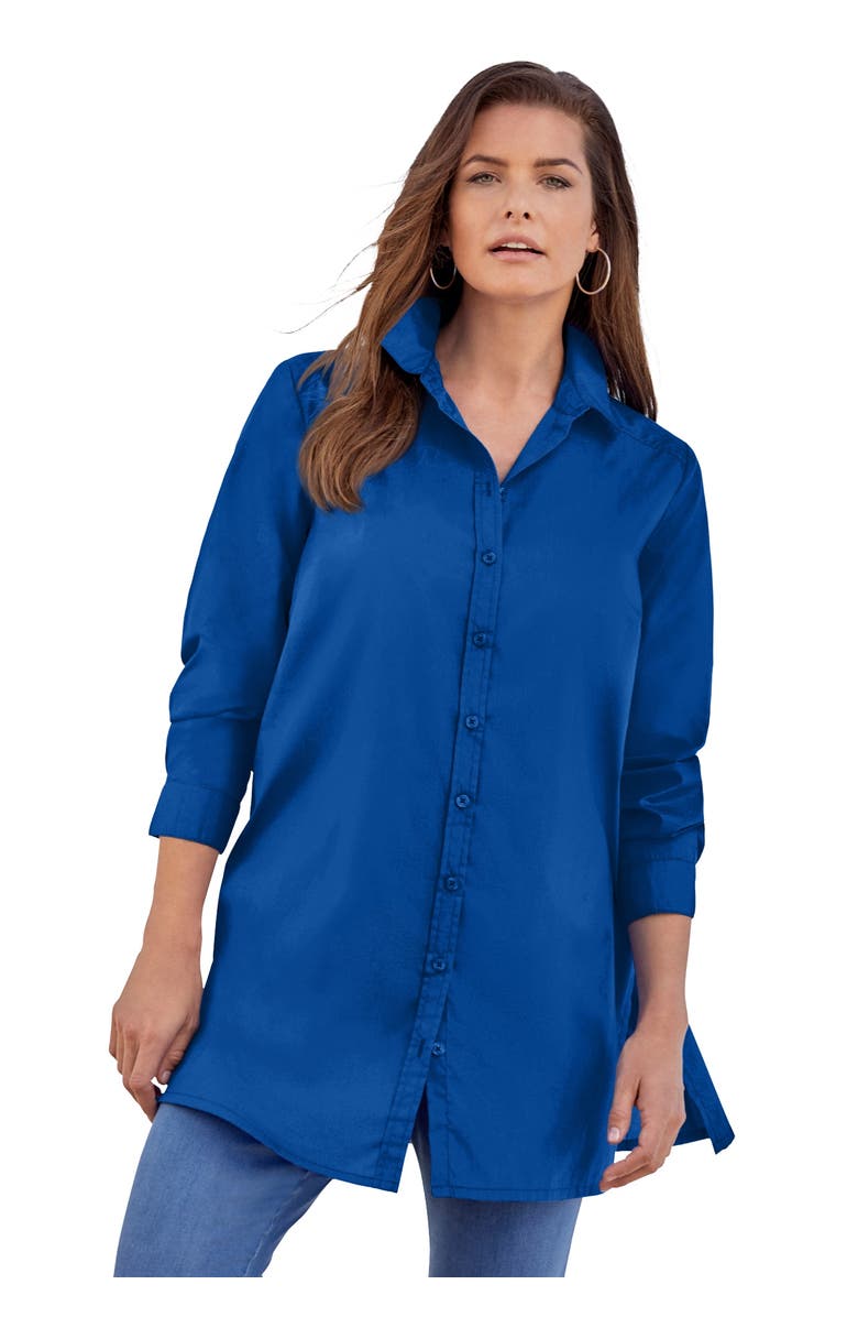 Roaman's Kate Long-Sleeve Crisp Cotton-Blend Button-Front Tunic, Alternate, color, Dark Sapphire