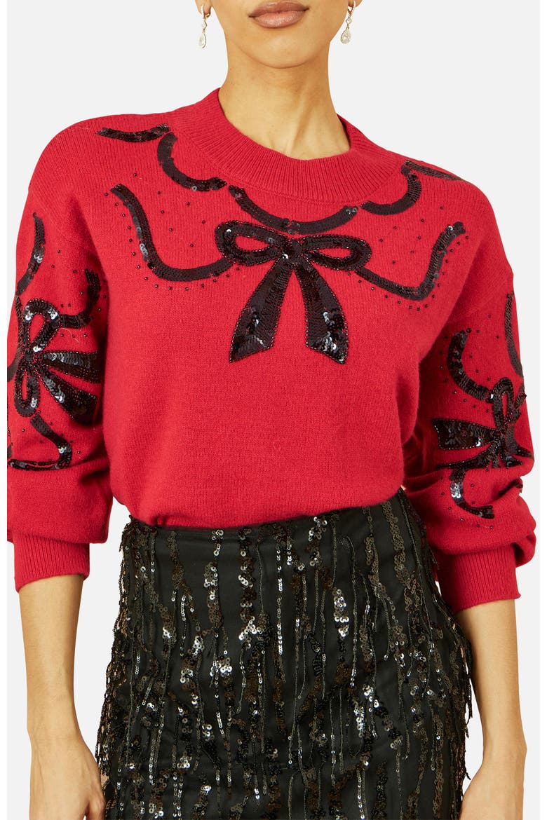 Sequinned Bow Neckline Sweater, Alternate, color, Red