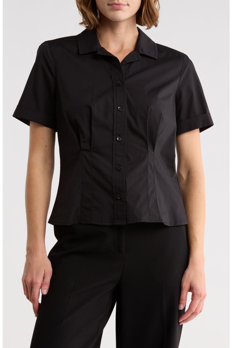 Short Sleeve Stretch Cotton Poplin Button-Up Shirt, Main, color, BLACK