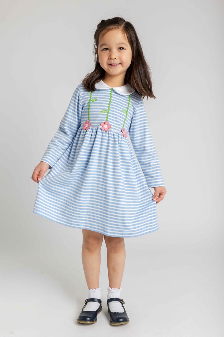Stripe Knit Dress with Flowers, Alternate, color, Medium Blue & White Stripe