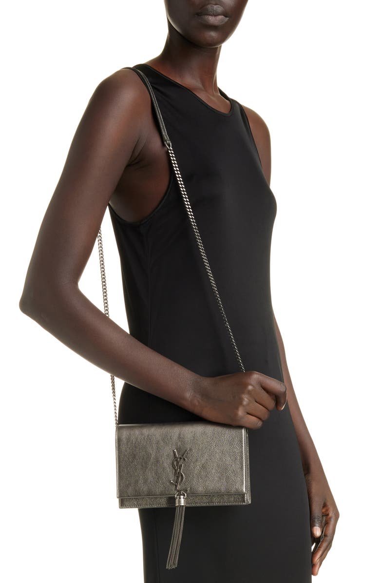 Saint Laurent Cassandre Kate Tassel Metallic Leather Wallet on a Chain, Alternate, color,