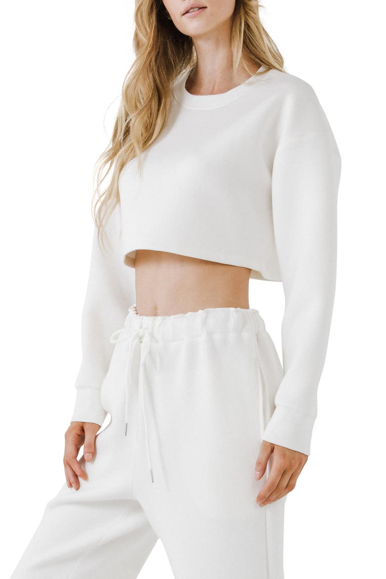 Lounge Wear Crop Crewneck Sweatshirt, Alternate, color, WHITE