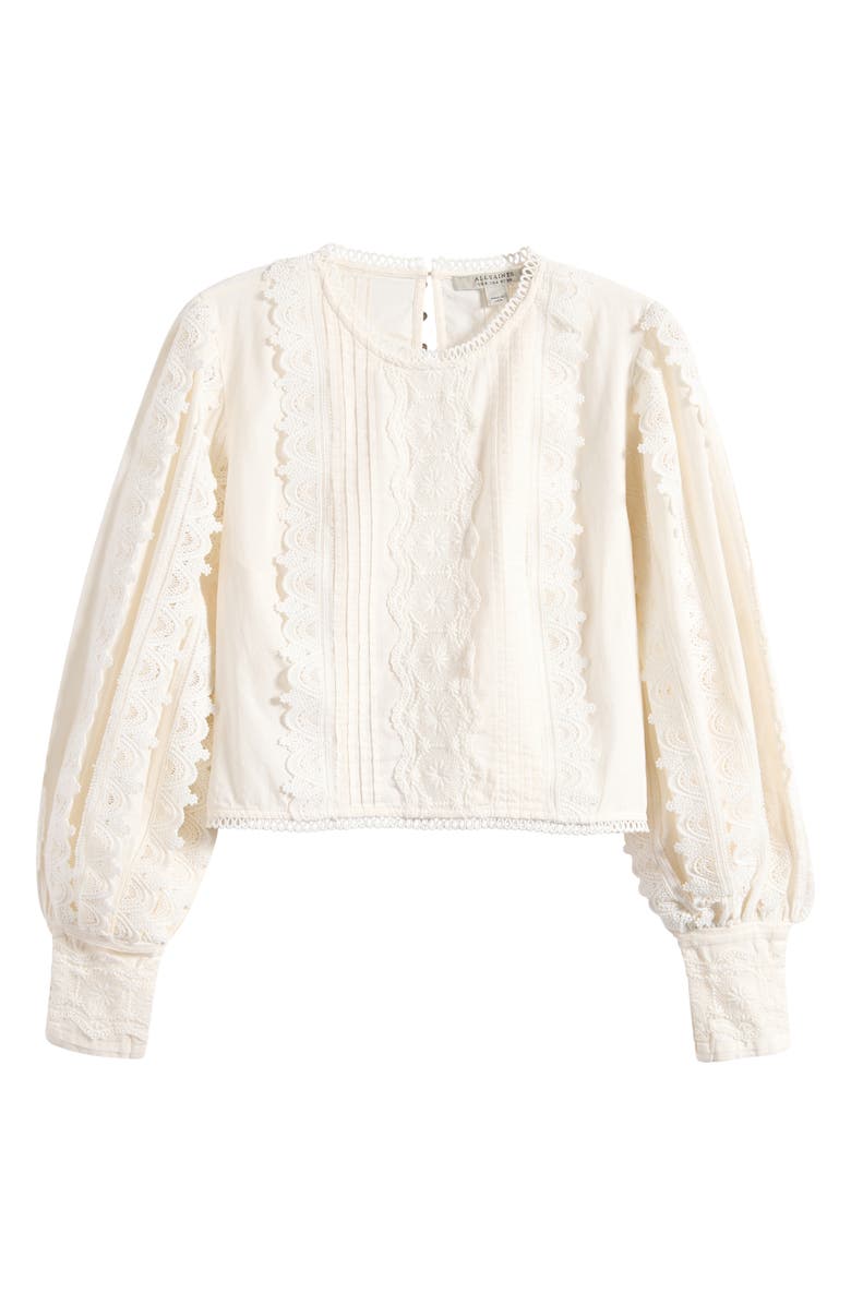 AllSaints Hart Lace Embroidered Bishop Sleeve Top, Main, color, Optic White