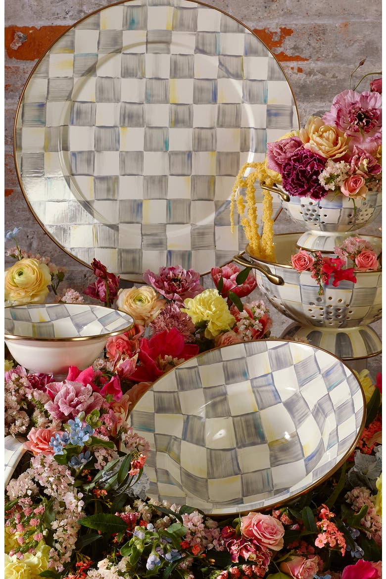 Sterling Check Enameled Steel Serving Bowl, Alternate, color, GREY/ WHITE