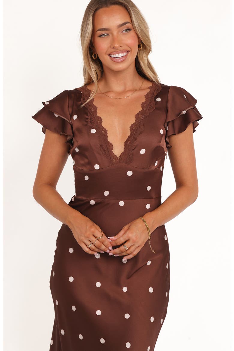 Arella Dot Satin Maxi Dress, Alternate, color, BROWN POLKA DOT