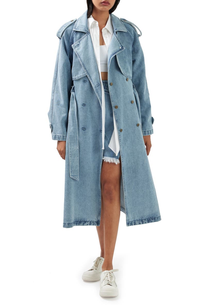 Belle & Bloom Wild Skies Denim Trench Coat, Main, color, Stonewash