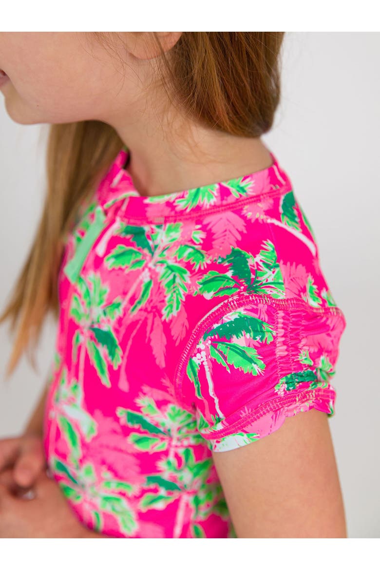 Girls Short Sleeve UPF50+ One Piece Rash Guard, Alternate, color, Neon Palm Paradise