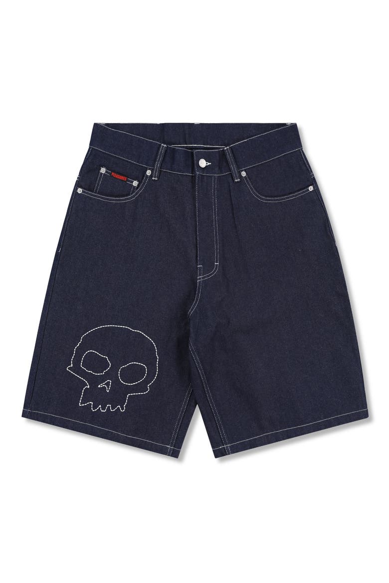 X Zero Skateboards Skull Embroidered Denim Shorts, Alternate, color, RAW