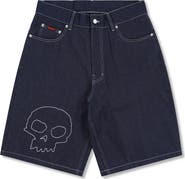 PLEASURES X Zero Skateboards Skull Embroidered Denim Shorts