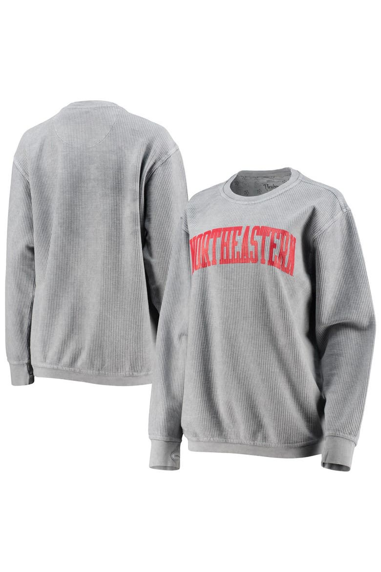 Women's Pressbox Silver Northeastern Huskies Comfy Cord Vintage Wash Basic Arch Pullover Sweatshirt, Main, color, Silver