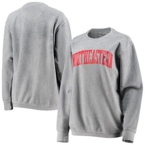 Women's Pressbox Silver Northeastern Huskies Comfy Cord Vintage Wash Basic Arch Pullover Sweatshirt