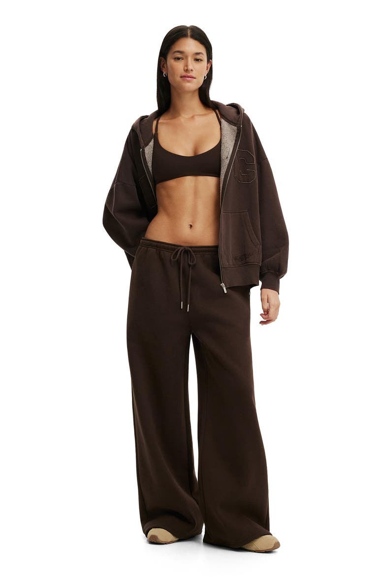 Women's Active Plush Tie Waist Wide Leg Sweatpant, Alternate, color, French Roast