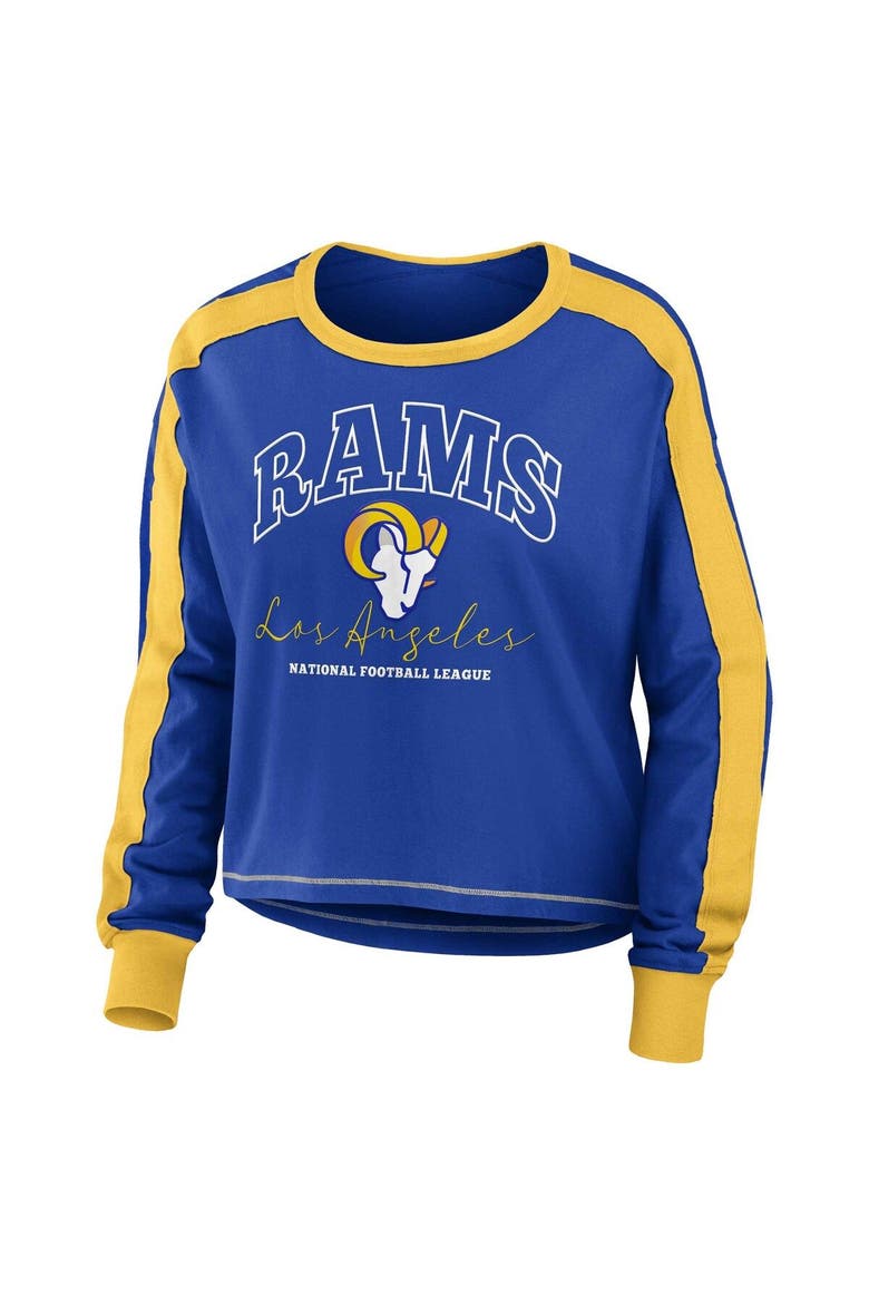 Women's WEAR by Erin Andrews Royal/Gold Los Angeles Rams Color Block Modest Crop Long Sleeve T-Shirt, Alternate, color, Royal